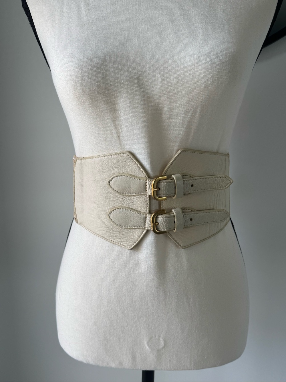 Wide Cream Leather Double-Buckle Waist Belt with Gold Buckles
